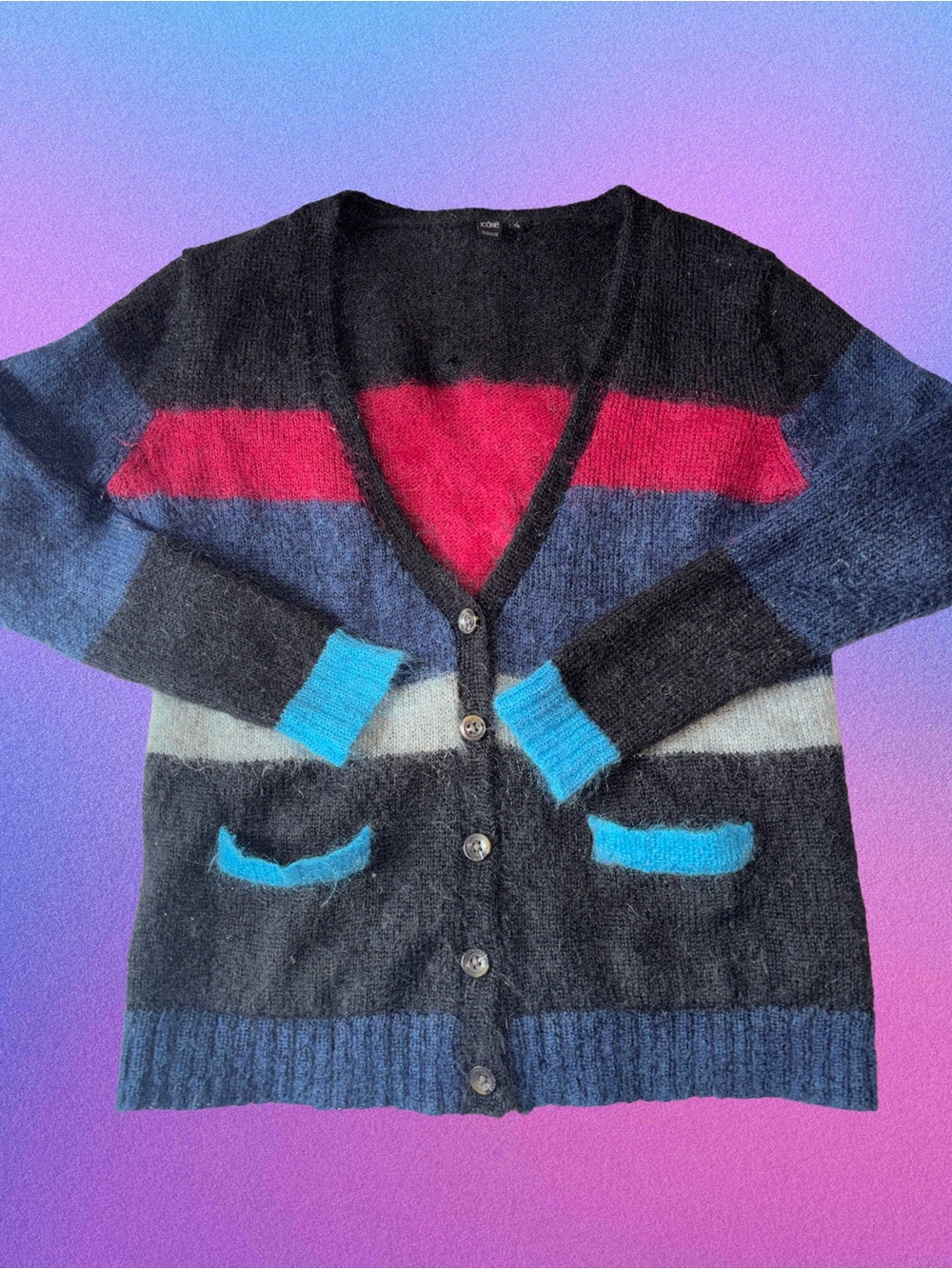 Simons Black V-Neck Colorblock Cardigan with Red & Blue Accents
